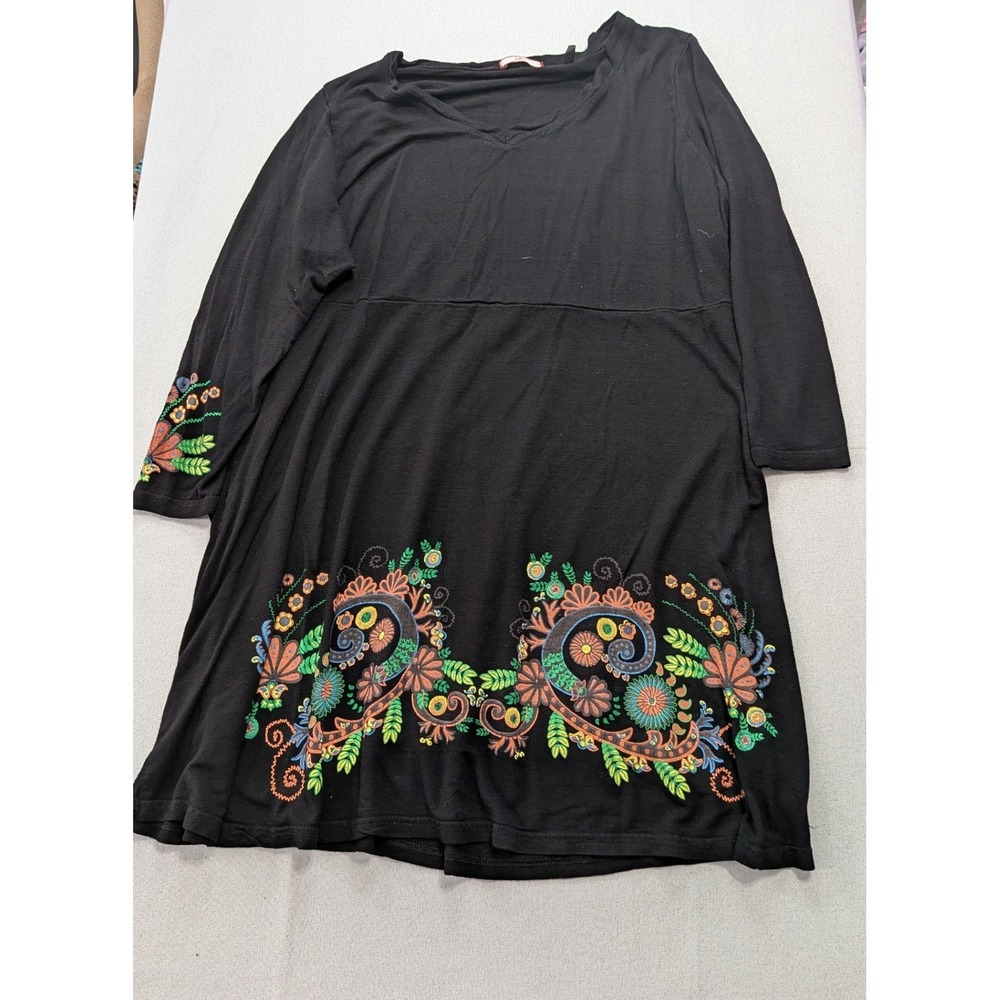 Joe Browns Tunic Top Women XL Black Excellent Embroidered Boho V-Neck 3/4 Sleeve